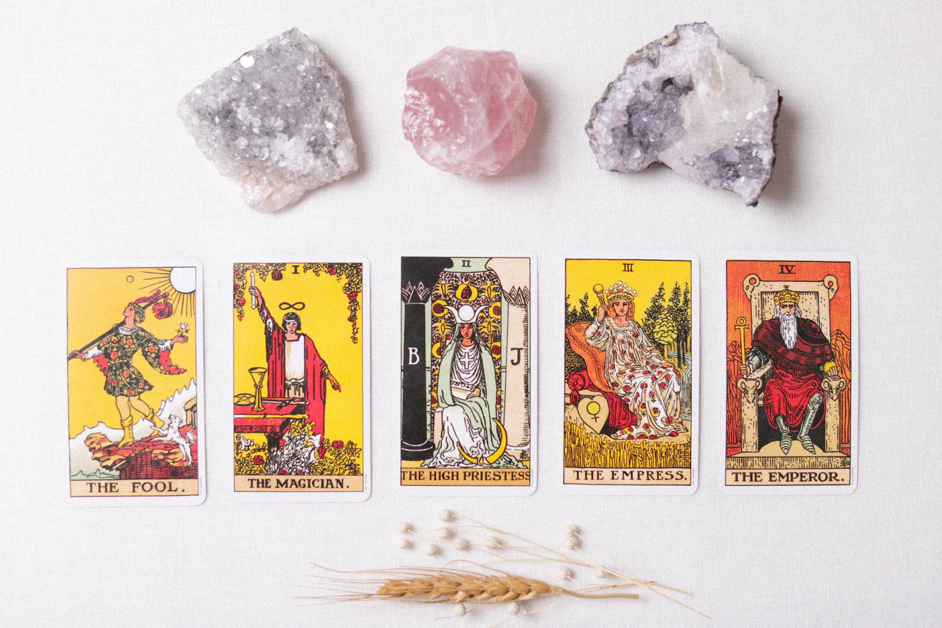 tarot reading with crystals and cards on display